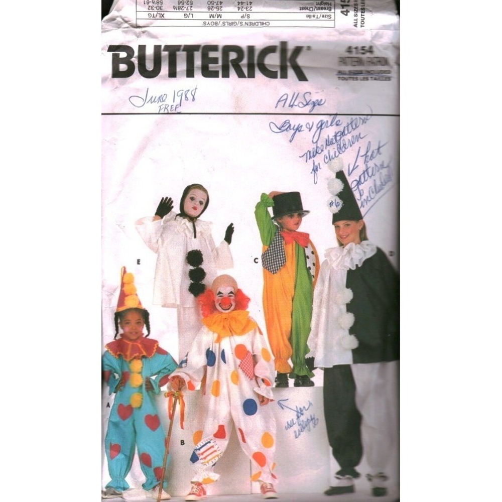 Vintage 1988 Butterick 4154 Childrens Clown Mime Pierrot Costume Pattern‎ All Sz
